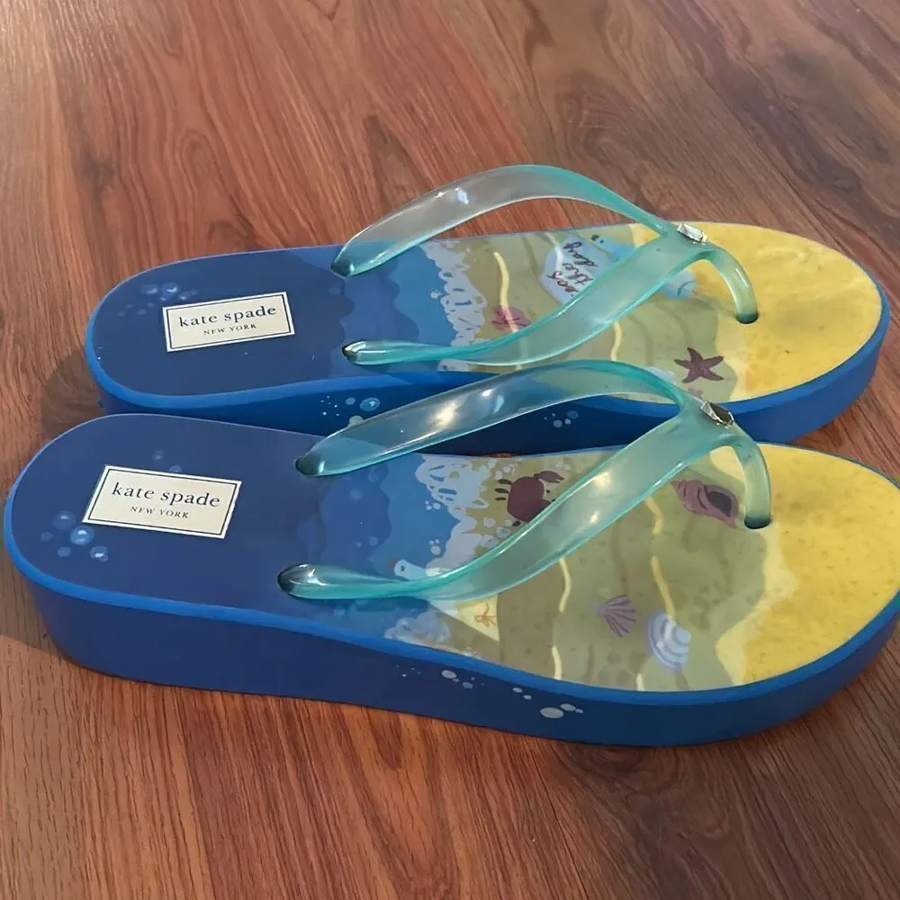 Kate Spade seas the day blue flip-flops wedge 10.5